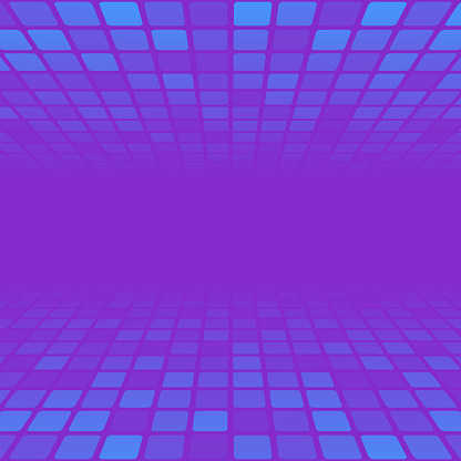 Modern and trendy background. Geometric design with a mosaic of squares on top and bottom, looking like a dance floor. Beautiful color gradient. This illustration can be used for your design, with space for your text (colors used: Blue, Purple, Pink). Vector Illustration (EPS file, well layered and grouped), square format (1:1). Easy to edit, manipulate, resize or colorize. Vector and Jpeg file of different sizes.