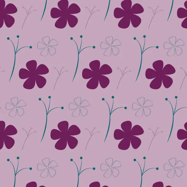 Vector illustration of Purple flowers with a seamless pattern on purple background. Repeating purple floral vector illustration.