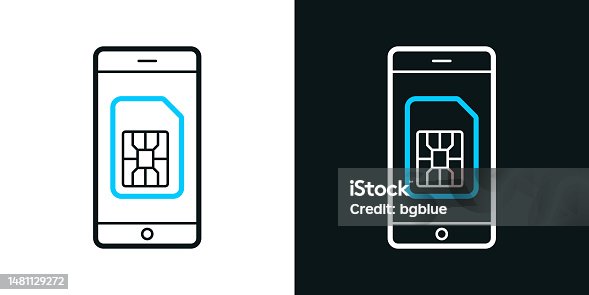 istock Smartphone with SIM card. Bicolor line icon on black or white background - Editable stroke 1481129272