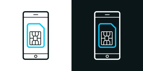 Vector illustration of Smartphone with SIM card. Bicolor line icon on black or white background - Editable stroke