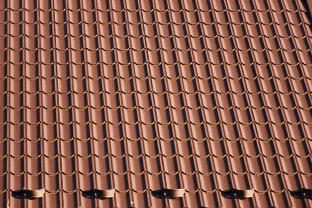 istock Brown corrugated metal roof pattern, full frame with copy space. Modern architecture, abstract background. 1481129364