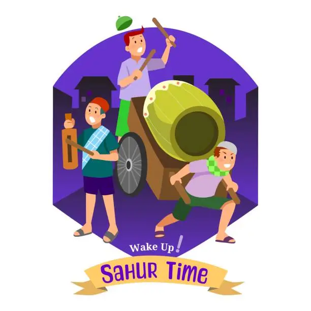 Vector illustration of Doing wake up call for sahur or suhoor time at Ramadan night