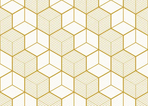 Vector illustration of Gold hexagons and 3d cubes in a contemporary seamless pattern