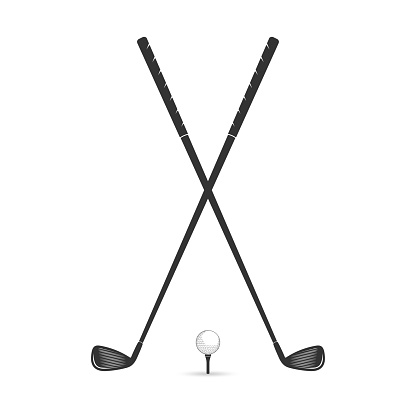 Golf clubs icon with ball on a tee. Crossed golf sticks logo. Vector illustration.