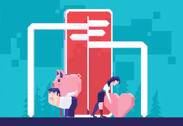 Vector illustration of man carrying piggybank and woman holding heart shape with signpost on smartphone