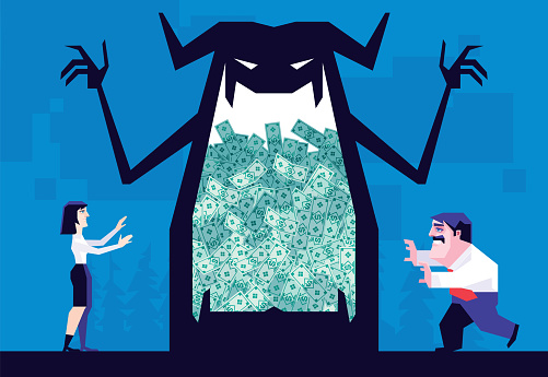 vector illustration of monster holding heap of banknotes and luring business couple