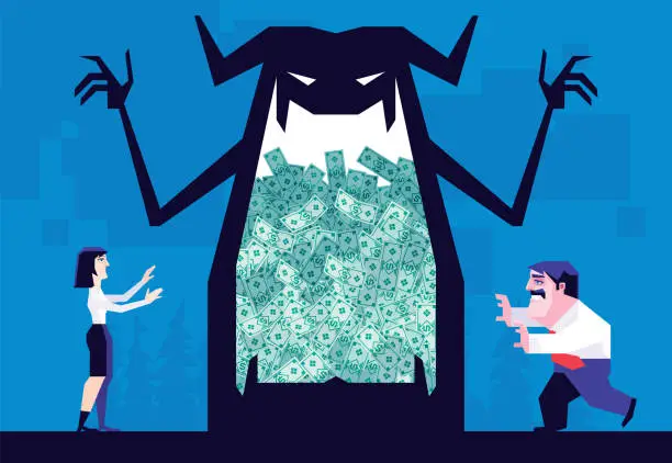 Vector illustration of monster holding heap of banknotes and luring business couple