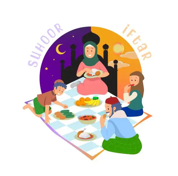 Vector illustration of A family have sahoor and iftar together at Ramadan