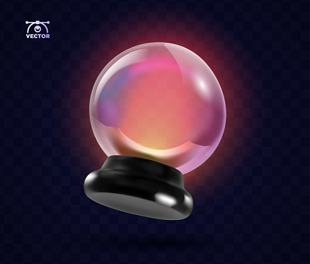 Glossy magical crystal ball on dark transparent background vector cartoon design element. 3d Magic sphere isolated icon.