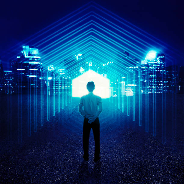 istock Rear view of young businessman standing at ease looking at a bright light 1481133937