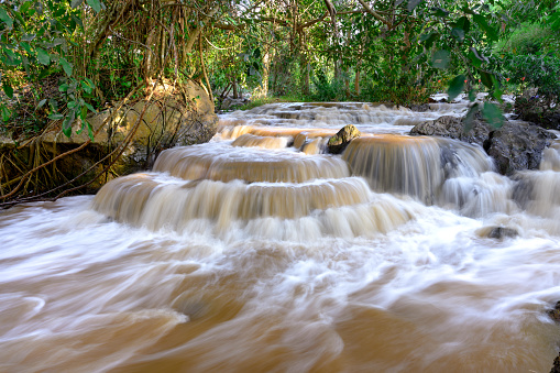 Nature landscape of flash flood in waterfall by previous heavy rain in Thailand.
