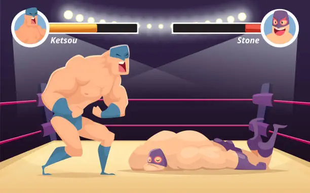 Vector illustration of Fighting game. muscle strong fighters on the ring battle place arena for video game with UI templates. vector cartoon pictures