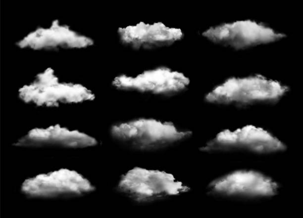 stockillustraties, clipart, cartoons en iconen met transparent clouds. realistic vapor rainclouds isolated on black background, night mist clouding symbols - wolk
