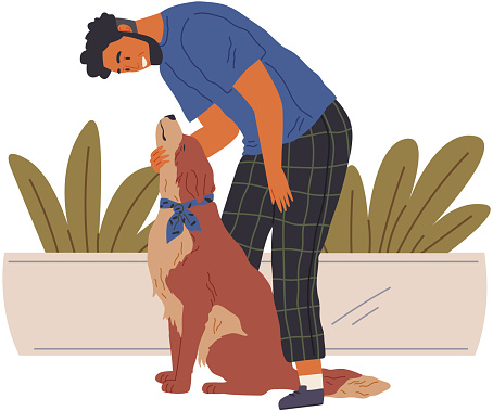 Pet owner male character plays with dog strokes his fur with hand. Caring for four-footed friend. Doggy and happy man friends isolated on outdoors background. Fun domestic animal, human companion