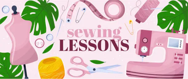 Vector illustration of Sewing banner or landing page design . Sewing lessons.