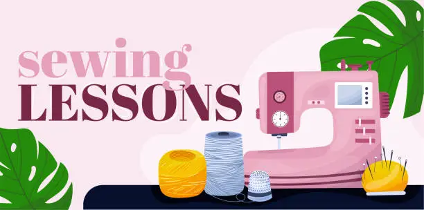 Vector illustration of Sewing banner or landing page design . Sewing lessons.