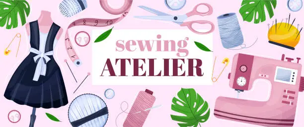 Vector illustration of Sewing banner or landing page design for sewing atelier Sewing machine, needles, thread.