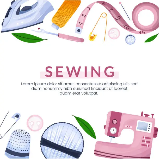 Vector illustration of Sewing banner design with place for text. Sewing tools collection.
