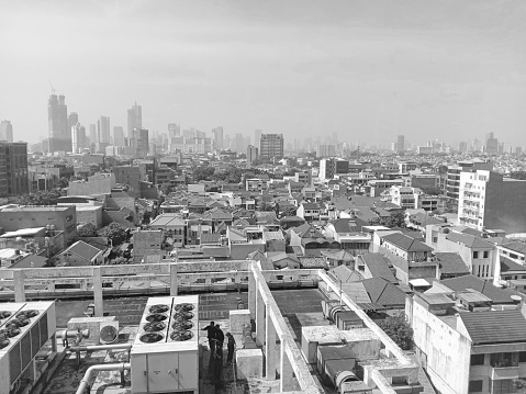 View of the buildings in black and white