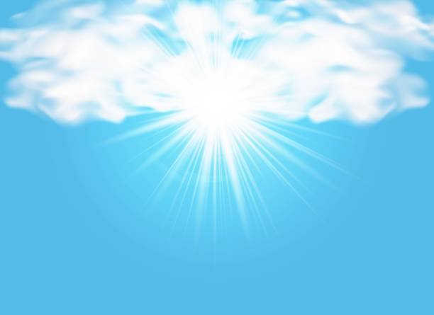 Background with rays and clouds. Blue sky with sun with glowing sunbeams, flare, light. Dynamic background with vivid rays emanating from a central point. Vector illustration. Background with rays and clouds. Blue sky with sun with glowing sunbeams, flare, light. Dynamic background with vivid rays emanating from a central point. Vector illustration. cirrus sunrise cloud sky stock illustrations