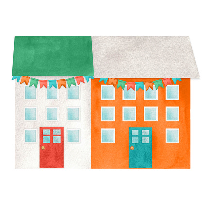Two hand drawn watercolor colorful houses for printing design. A part of the big ICELANDIC set of illustrations