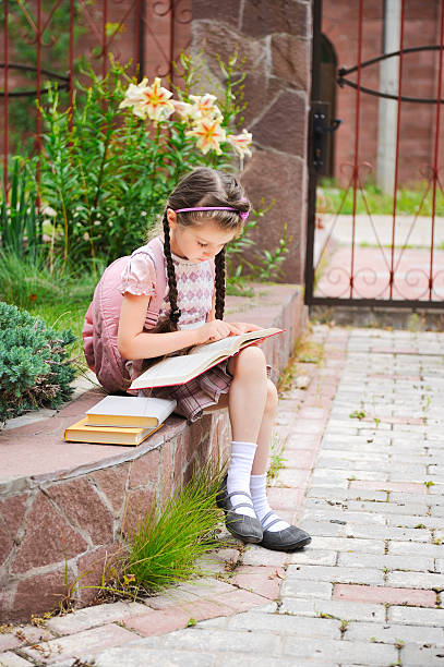 istock Schoolgirl with pink backpack reading a book outdoors 148113873