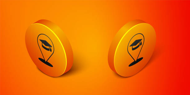 주황색 배경에 격리 된 등색 온라인 교육 및 졸업 아이콘. 모니터에 온라인 교사. 웨비��나 및 비디오 세미나 학습. 주황색 원 버튼. 벡터 - teacher isolated business orange stock illustrations