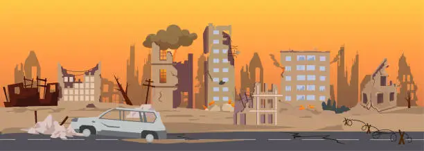 Vector illustration of Vector of a city in ruins with destroyed, abandoned buildings, burned cars on streets