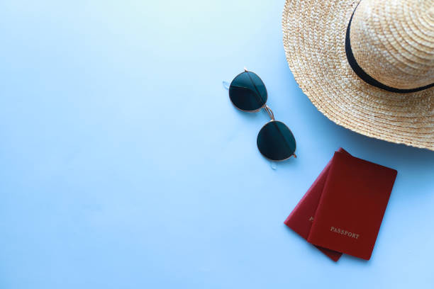Lay out trip, Overhead view summer trip on blue background