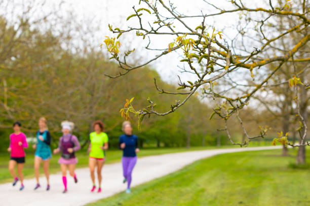 Selective focus on a tree branch in a park and blurry runners in the background. Large advertising copy space. Concept of physical activity in nature and fitness.