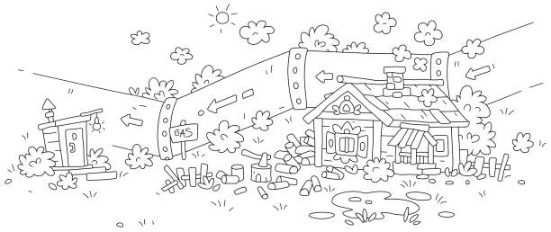 Gas pipeline and an old house with stove heating Giant magistral pipe line and an old village hut surrounded by chopped firewood for a long cold winter, black and white outline vector cartoon illustration natural gas pipeline clip art stock illustrations