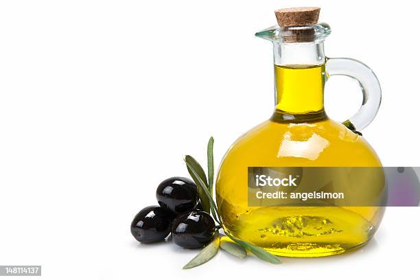 Jar With Olive Oil And Black Olives Stock Photo - Download Image Now - Olive Oil, White Background, Fruit