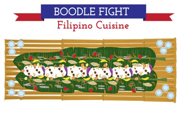 Vector illustration of Filipino Boodle Fight food on banana leaves top view concept.