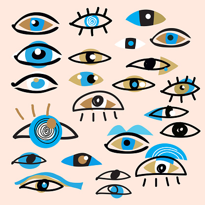 Set of various hand drawn doodle icon set eyes Collection of evil, ra, turkish, greek and esoteric  evil eye different shapes Gold evil Vector flat art illustration.
