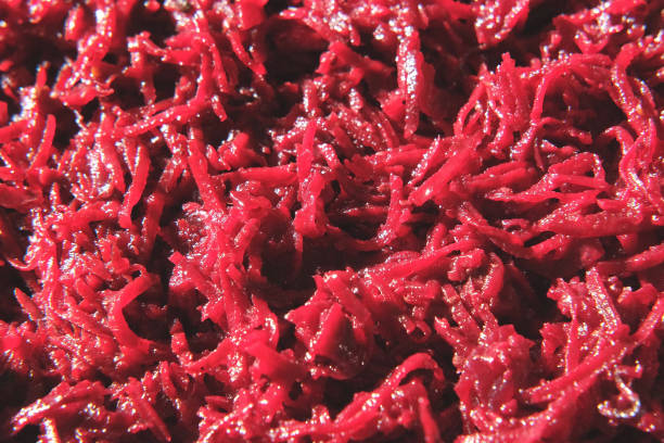 istock Beetroot salad with dressing and spices. Cooked chopped beet. Asian dish grated beets or beetroot and condiments, garlic, onion and pepper. Food background. Copy space top view Full Frame 1481144402