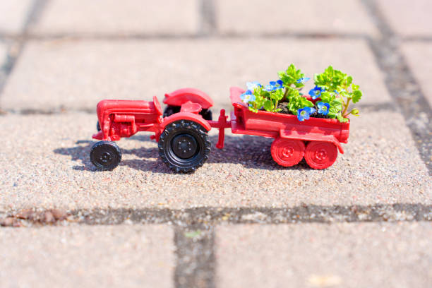 istock Toy Tractor Carrying Flowerbed on Sidewalk 1481144456