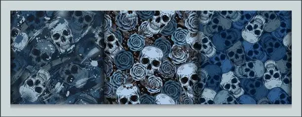 Vector illustration of Set of blue camouflage patterns with human skulls, abstract brushstrokes, roses. Random chaotic composition. Good for apparel, clothing, fabric, textile, sport goods.