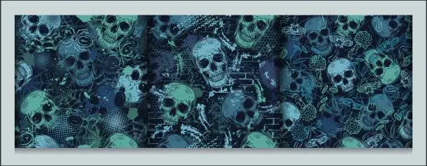 Vector illustration of Set of blue camouflage patterns with human skulls, brick wall, abstract brushstrokes, spiderweb, mushrooms. Random chaotic composition. Good for apparel, clothing, fabric, textile, sport goods.