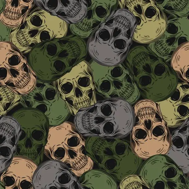 Vector illustration of Green khaki camouflage pattern with human skulls. Vintage style. Dense random chaotic composition. Good for apparel, fabric, textile, sport goods.