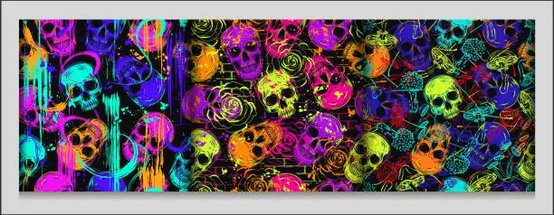 Vector illustration of Psychedelic patterns with human skulls. Grunge style of outline of objects. Bright neon colors. Textured background behind. Good for apparel, clothing, fabric, textile, sport goods