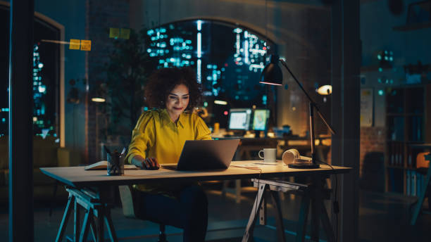 istock Expressive Multiethnic Middle Eastern Female Working on a Creative Job Position in an Advertising Company. Manager Brainstorming Ideas, Thinking on a Project. Office at Night. 1481145825