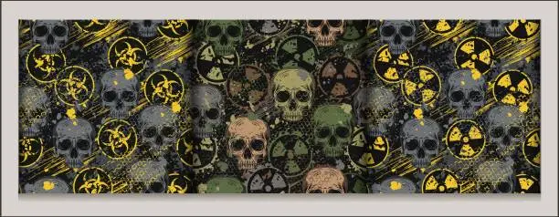 Vector illustration of Camouflage pattern with ionizing radiation symbol, paint brush strokes, skull, hexagon net, paint blots. Concept of danger of nuclear weapon. Grunge texture
