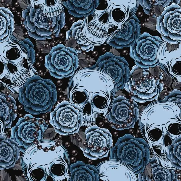 Vector illustration of Blue camouflage pattern with human skull, roses