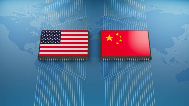 Flag of USA and China on a processor, 3d render. Flag of USA and China on a processor, CPU Microchip on the motherboard, On world map blue background, 3d render. china digital flag stock pictures, royalty-free photos & images