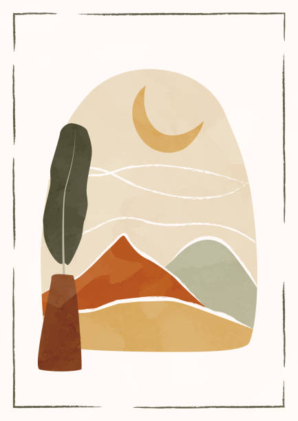 istock Modern abstract minimalist landscape poster. Mountains and moon. arth tones.Leaf in a vase near the window. Boho mid-century print. Flat design.  Stock vector illustration 1481145929