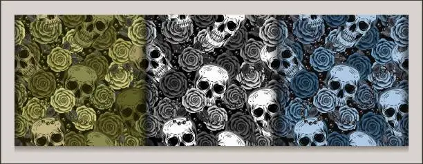 Vector illustration of Seamless camouflage patterns with human skull, roses, scattred beads. Good for woman clothing, apparel, fabric, textile, sport goods design. Detailed illustration in vintage style.