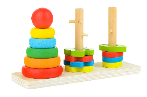 A colored pyramid for a child, isolated on a white background. Educational bright toys for toddlers and babies. The development of motor skills and the study of colors.