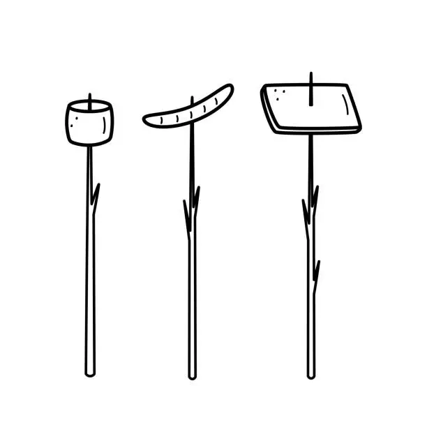 Vector illustration of Sausage, bread and marshmallows on a branch. Fried food on a campfire, a snack on a hike, camping. Doodle vector illustration.