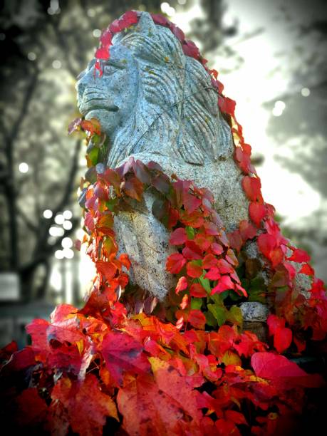 Red Autumn cirrus over Lion statue