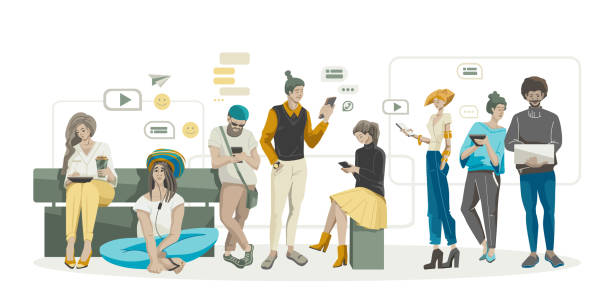 ilustrações, clipart, desenhos animados e ícones de conjunto de pessoas conversando on-line usando telefones celulares - people in the background